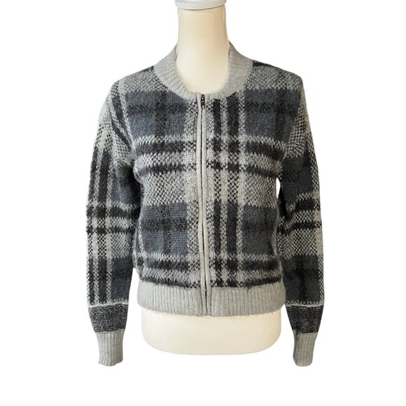 Free People Oh My Plaid Full Zip Wool Blend Cardigan Sweater Jacket Grey Size Sm - Picture 1 of 8